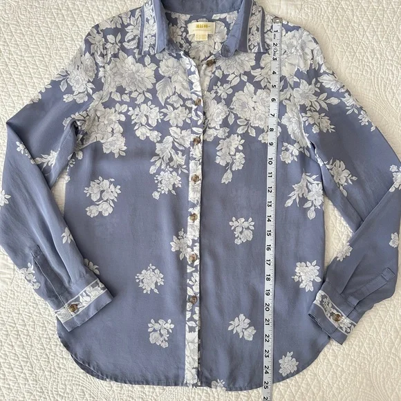 Anthropologie Maeve Blue White Rosalee 100% Silk Floral Blouse - Picture 6 of 11